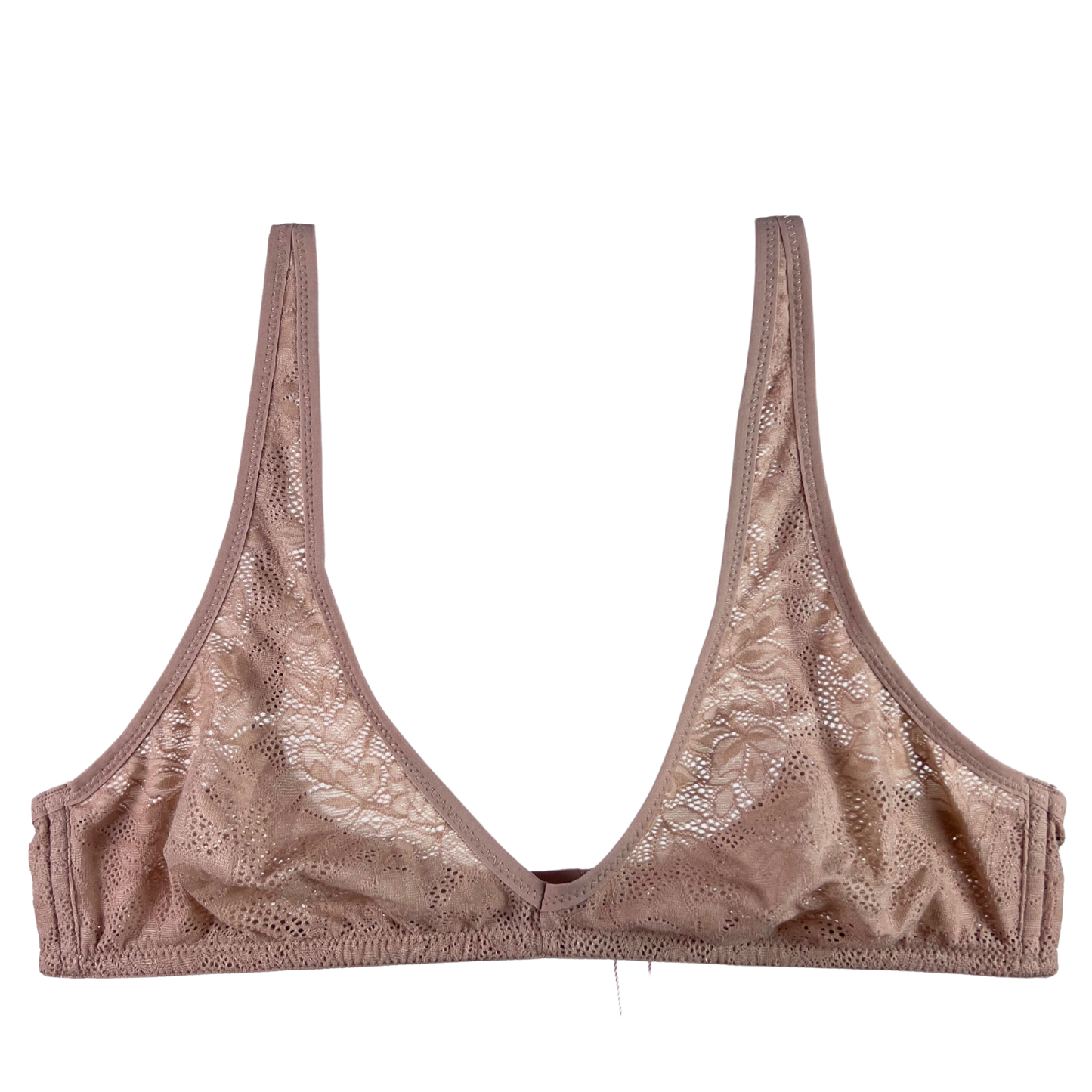 A brown lace bralette with adjustable straps and a hook and eye back closure.
