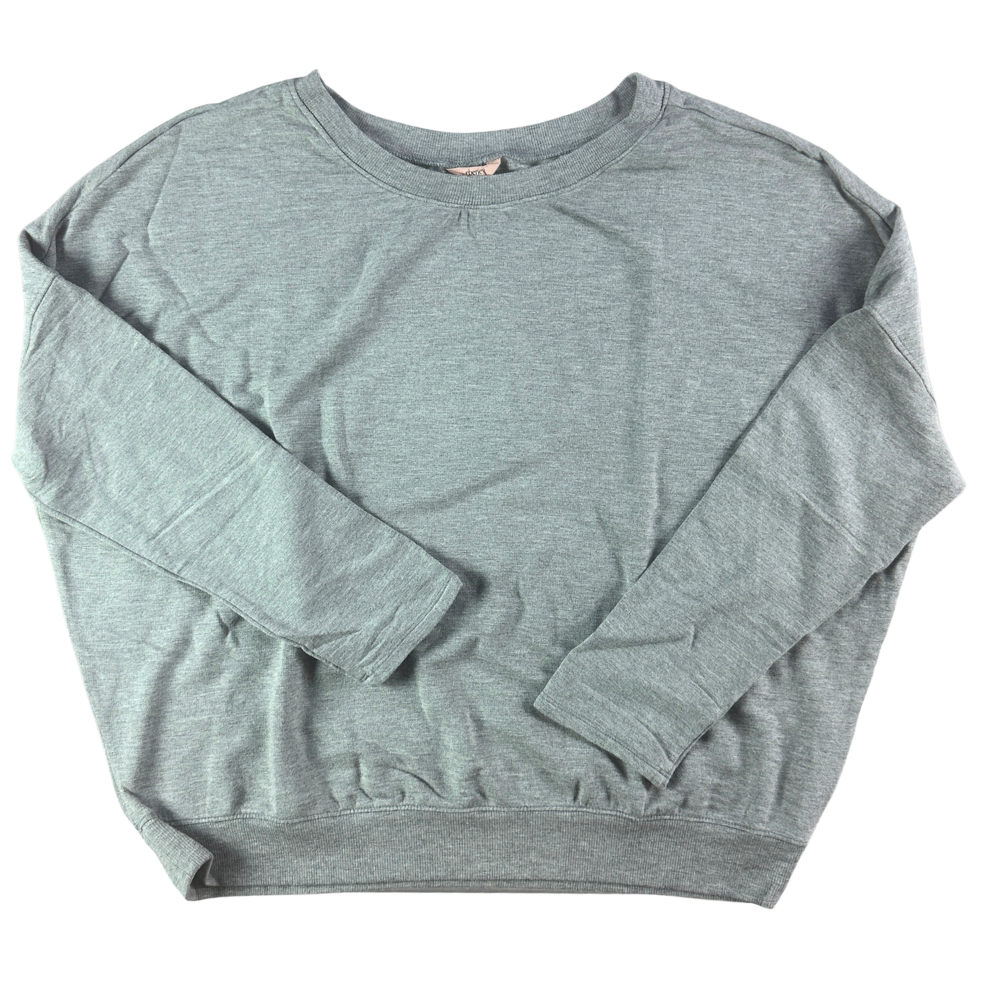 A heather gray long-sleeve crewneck sweatshirt laid flat on a white background.
