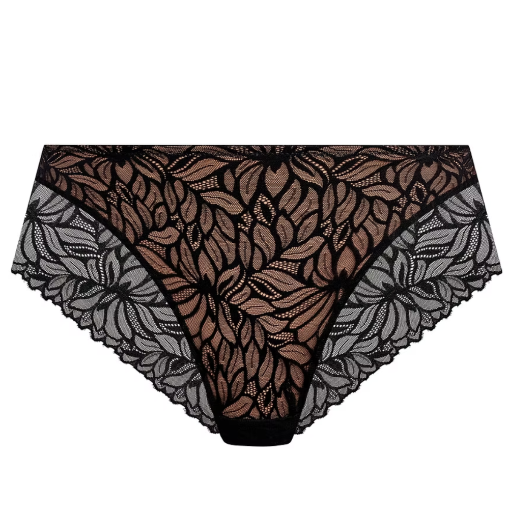 black lace briefs against a white background.
