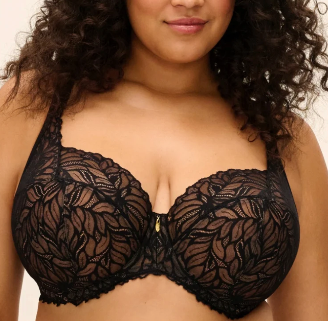 model wearing black lace bra against a white background