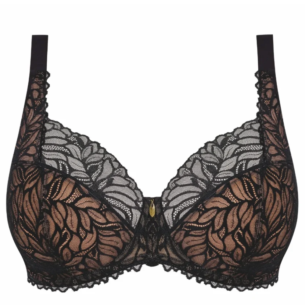 black lace three cup bra against a white background.