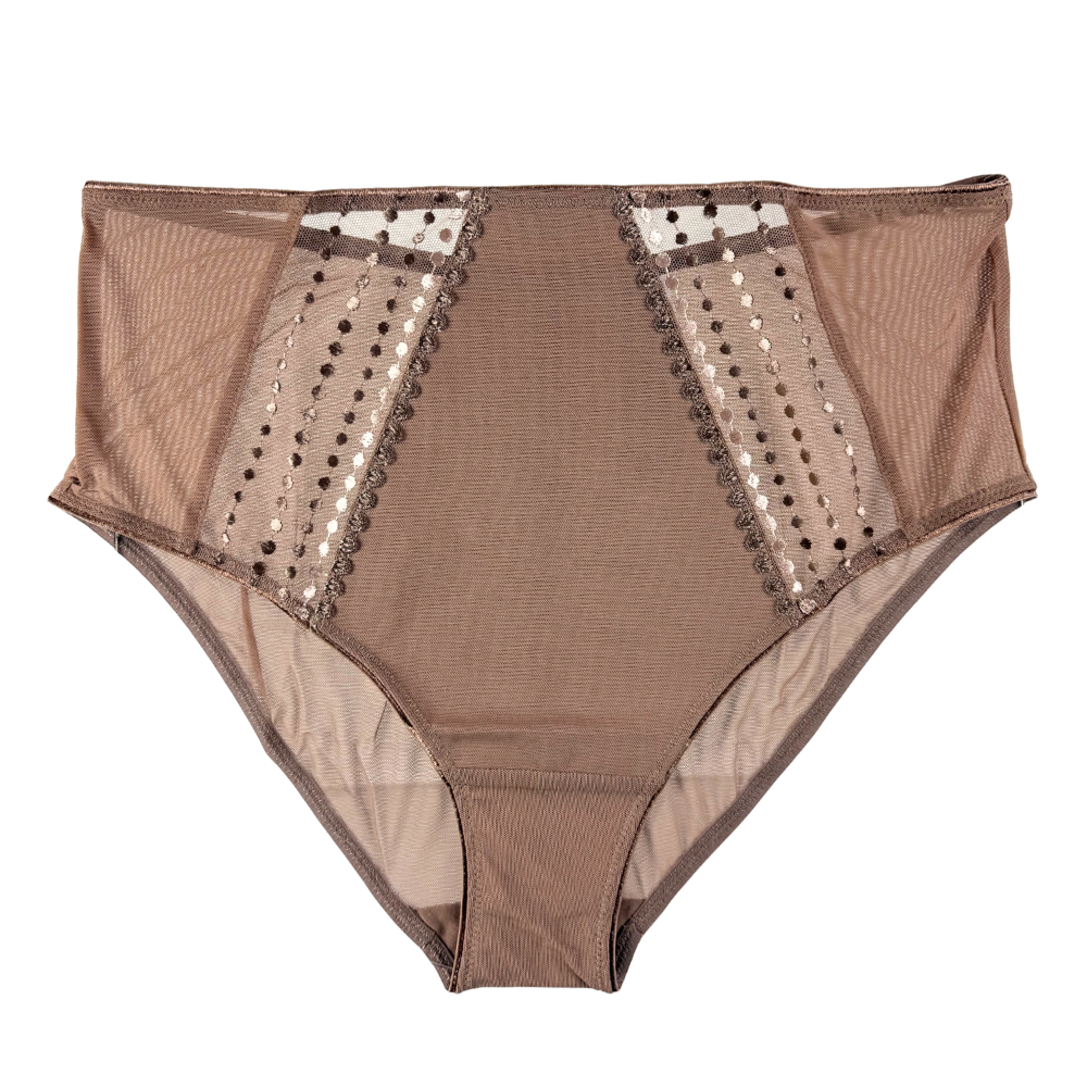 Brown underwear with mesh panels and lace trim on a white background