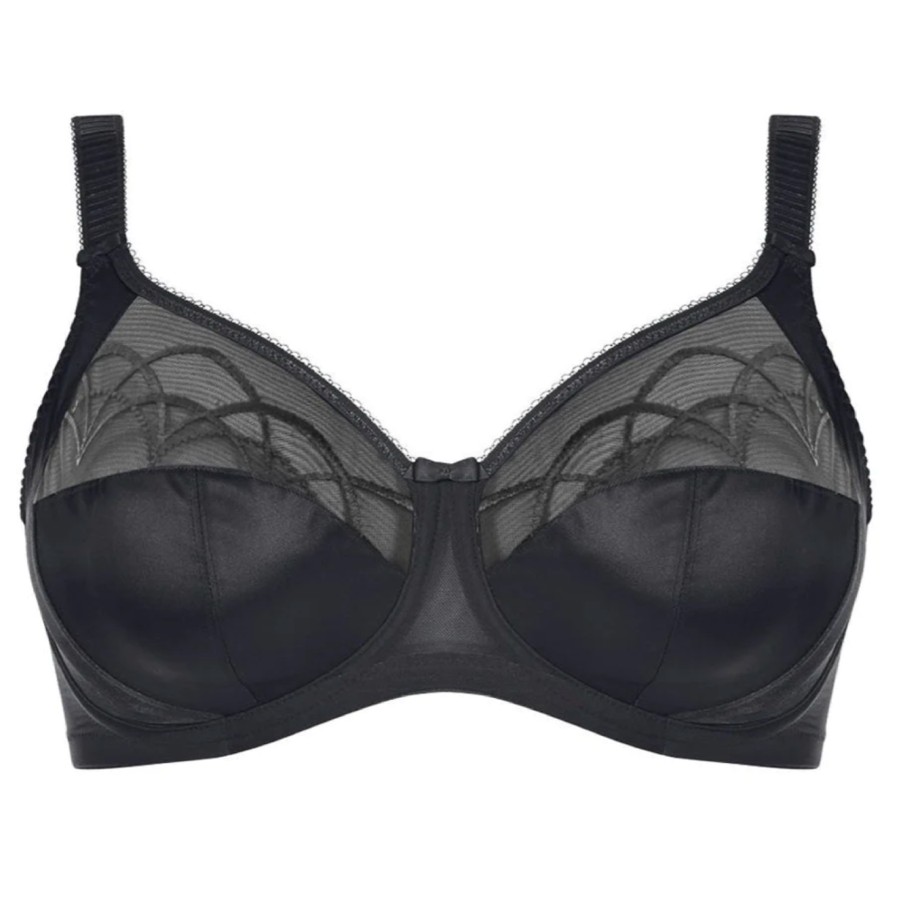 Elomi cate side support underwire bra in black on a white background, close-up.