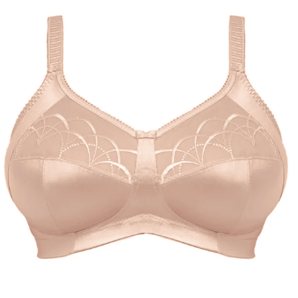 Elomi cate side support wire free bra in blush on a white background, close-up.