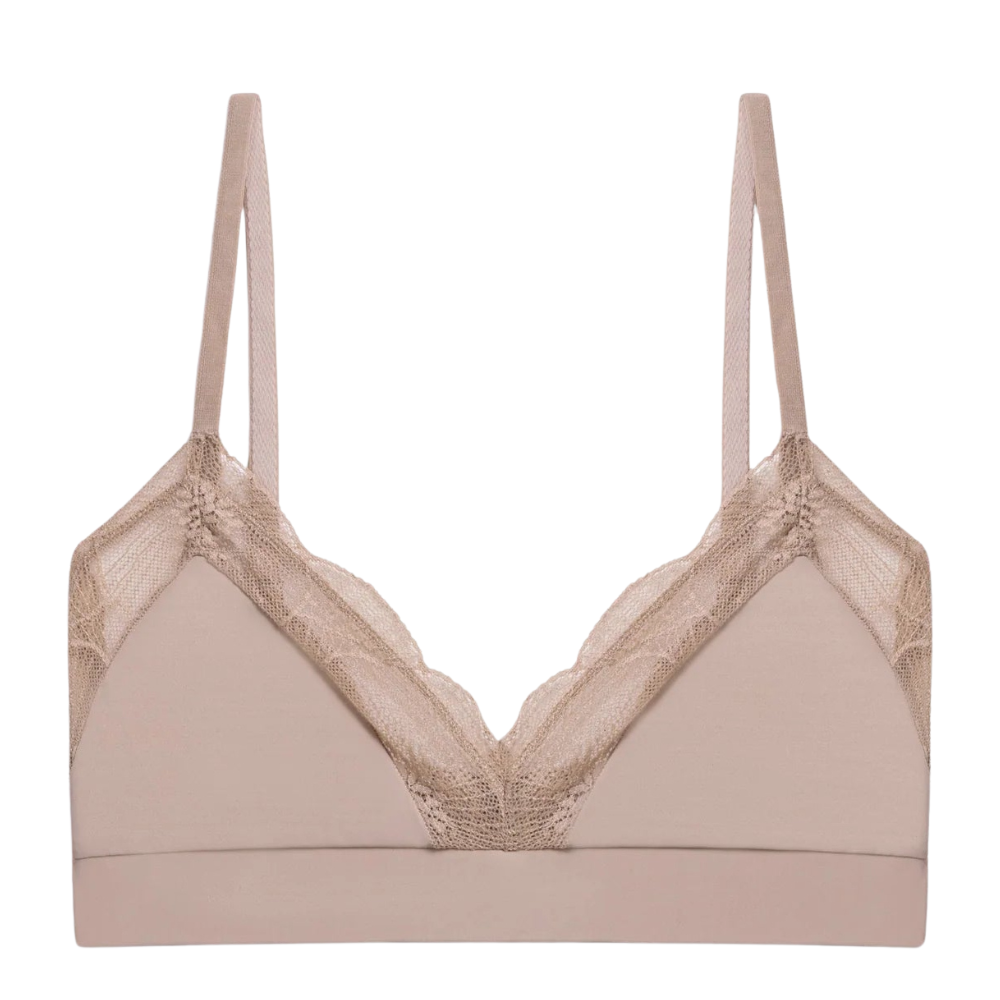 Beige bra with lace details on a white background