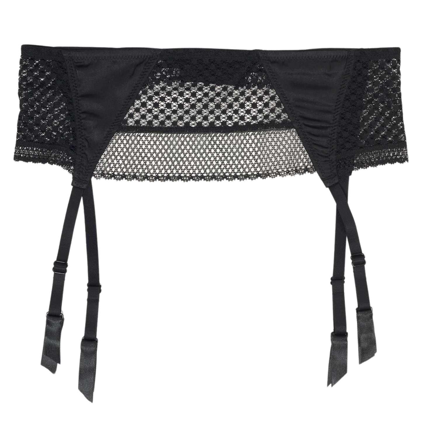 A white lace garter belt with satin paneling, featuring adjustable straps and a hook and eye back closure.