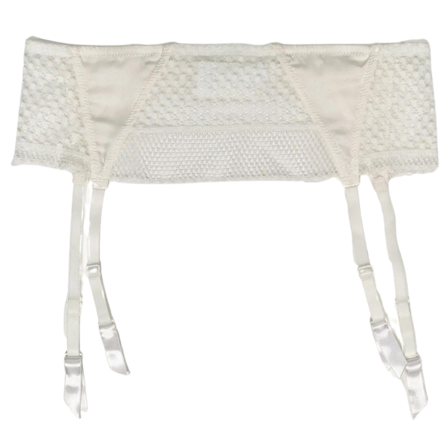 A white lace garter belt with satin paneling, featuring adjustable straps and a hook and eye back closure.