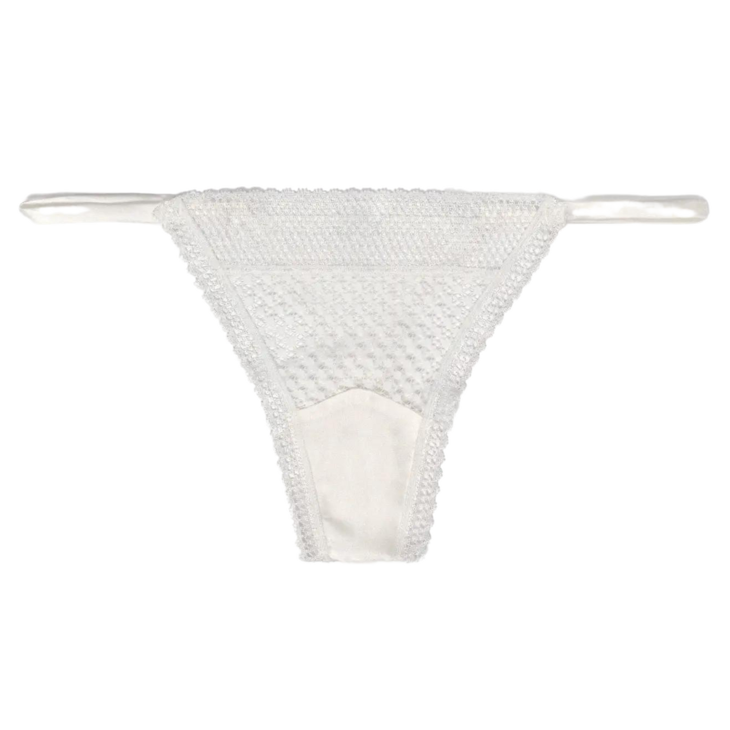 A white lace thong with skinny sides and minimal coverage in the back, featuring a lined cotton gusset.