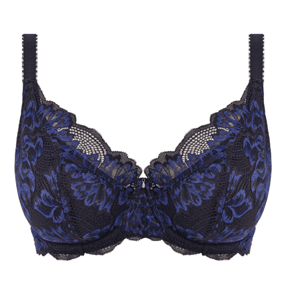 Emmaline underwire padded plunge bra in black on a white background, close-up.