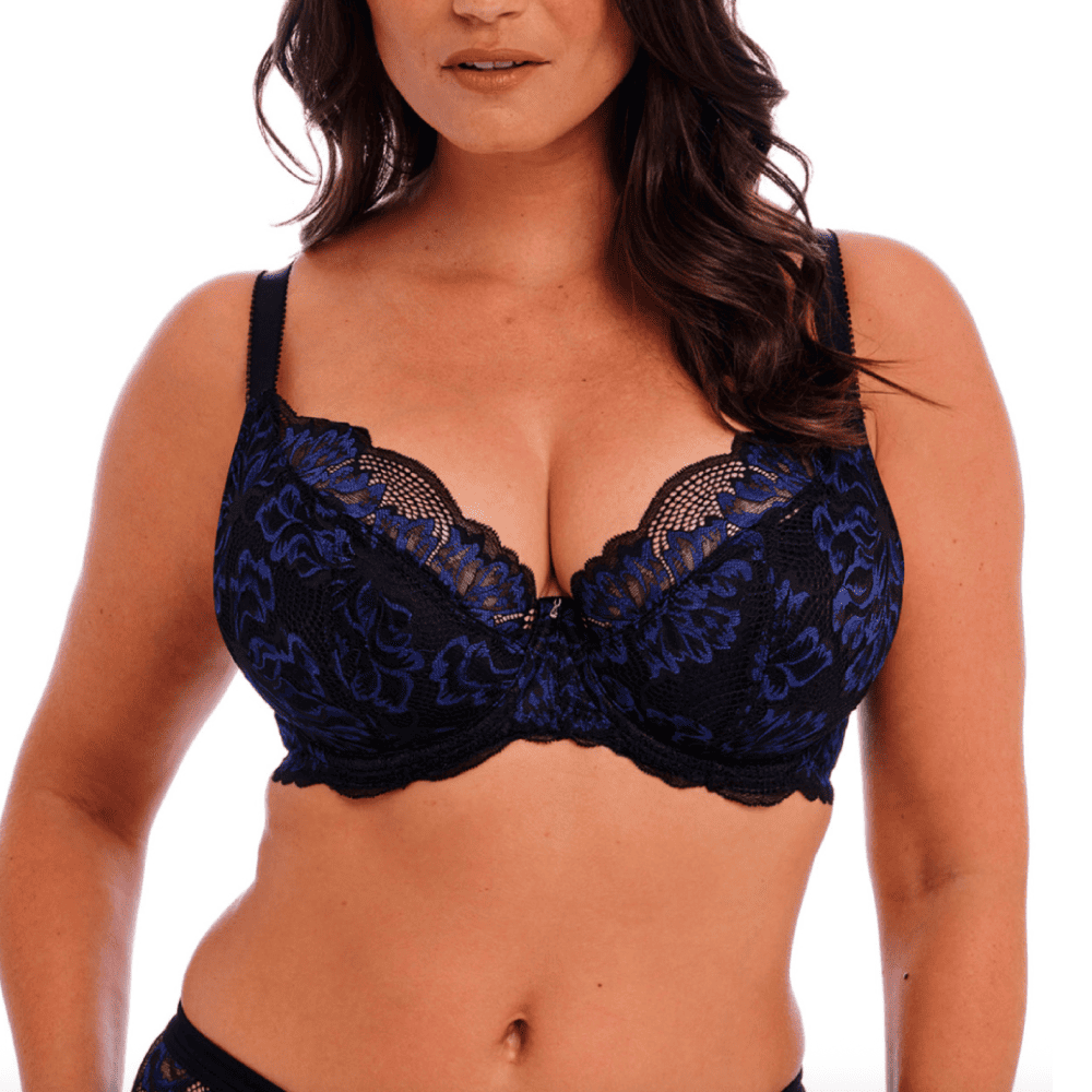 Emmaline underwire padded plunge bra in black on a model front view, close-up.