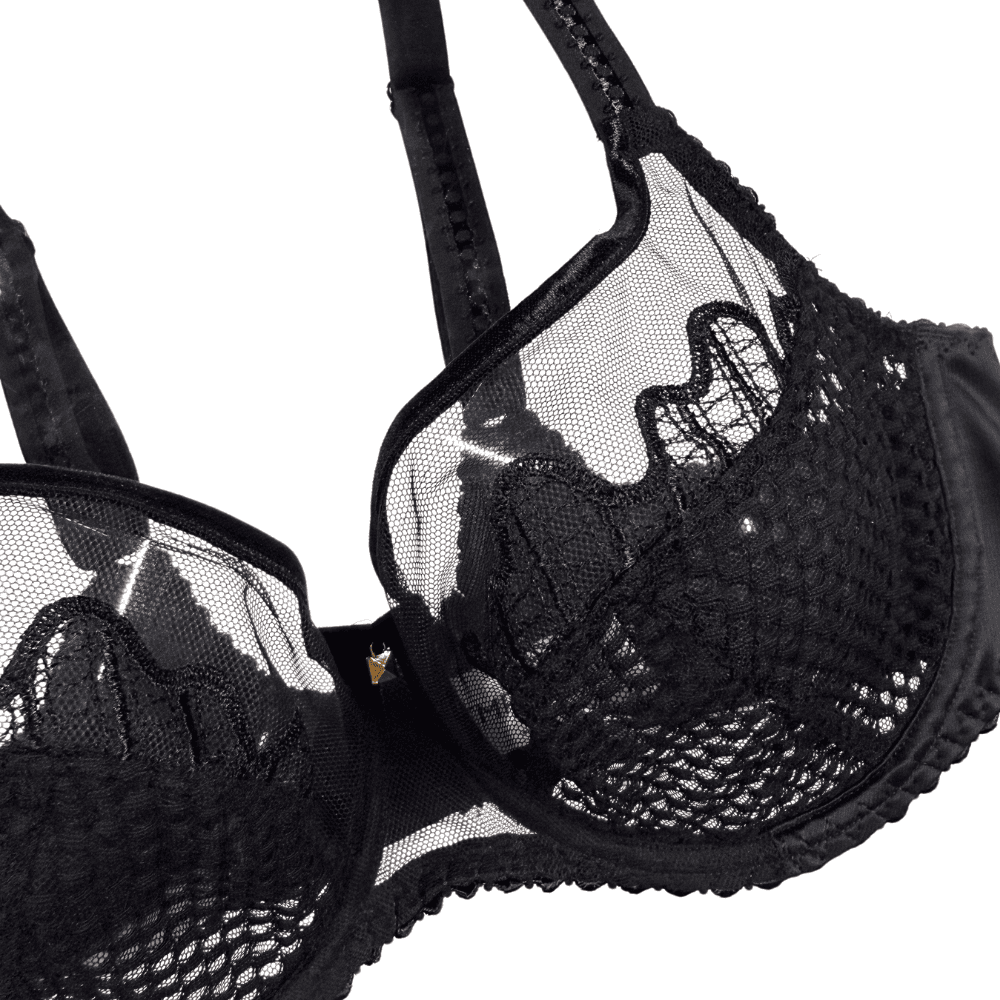 Black lace bra with mesh panels on a white background
