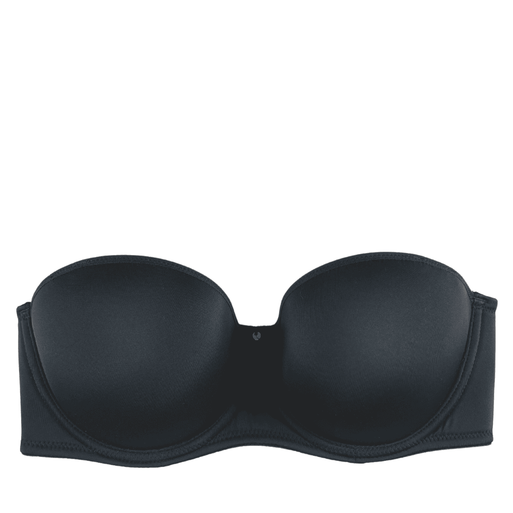 Fantasie aura strapless bra in black on a white background, close-up.
