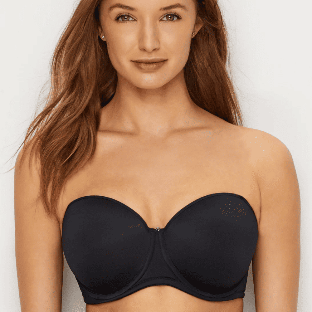 Fantasie aura strapless bra in black on a model front view, close-up.