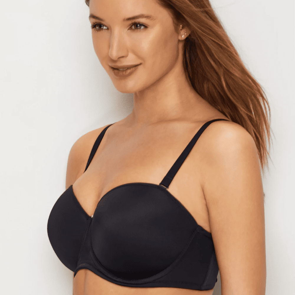 Fantasie aura strapless bra in black on a model side front view, close-up.