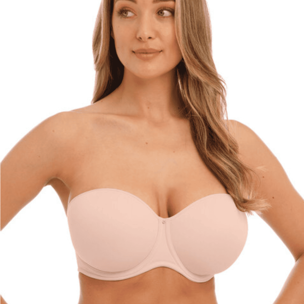 Fantasie aura strapless bra in natural beige on a model front view, close-up.