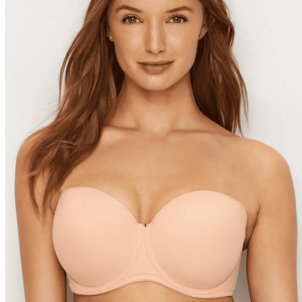 Fantasie aura strapless bra in natural beige on a model front view.