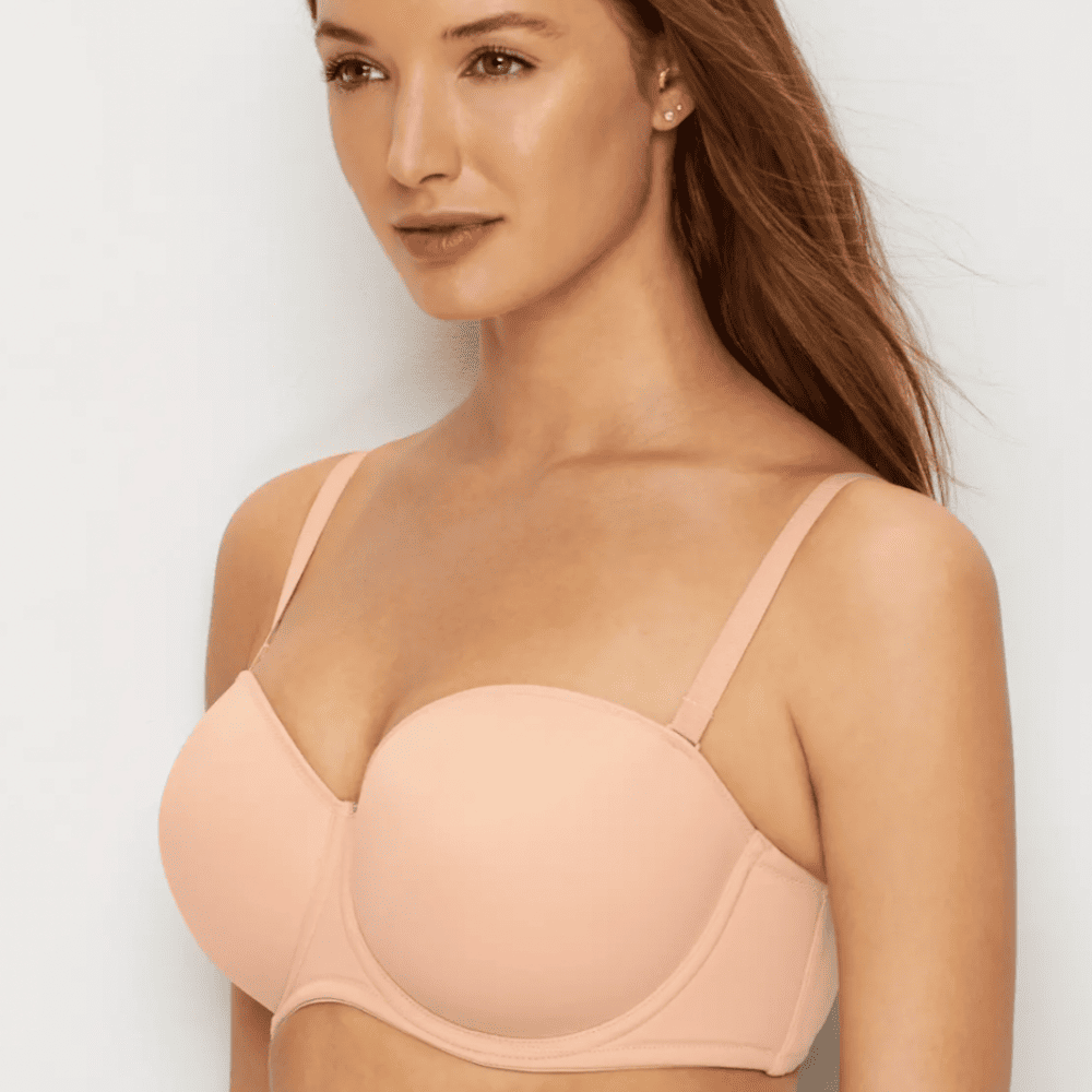 Fantasie aura strapless bra in natural beige on a model side front view, close-up.