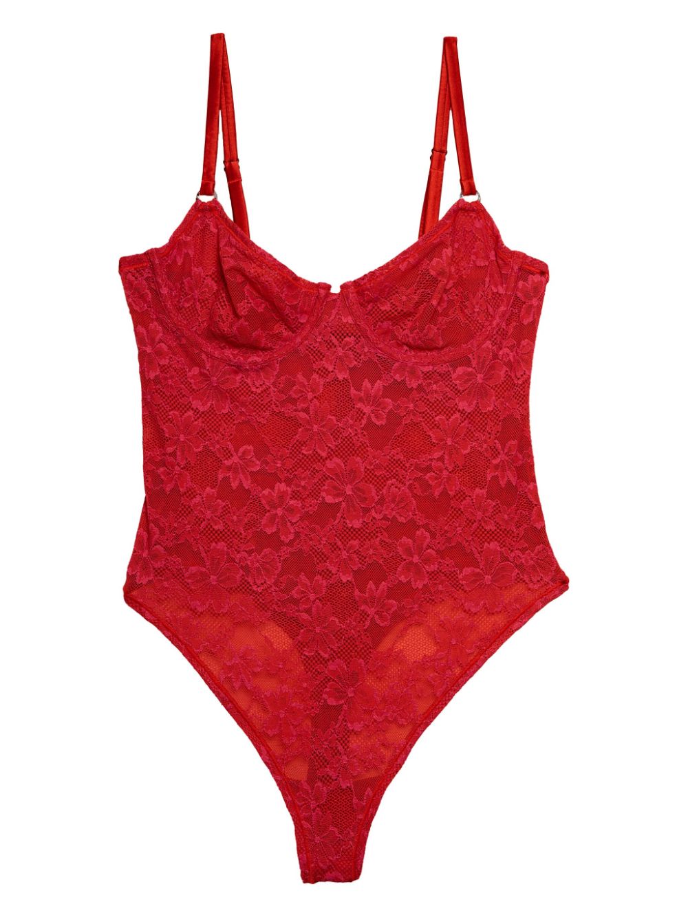 A red stretch lace bodysuit with adjustable straps and a V-neckline. The bodysuit has a seamless design with see-through lace and snap closures at the gusset.
