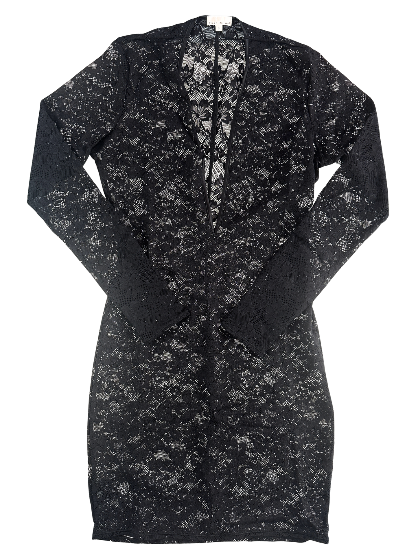 black lace long sleeve dress against a white background.