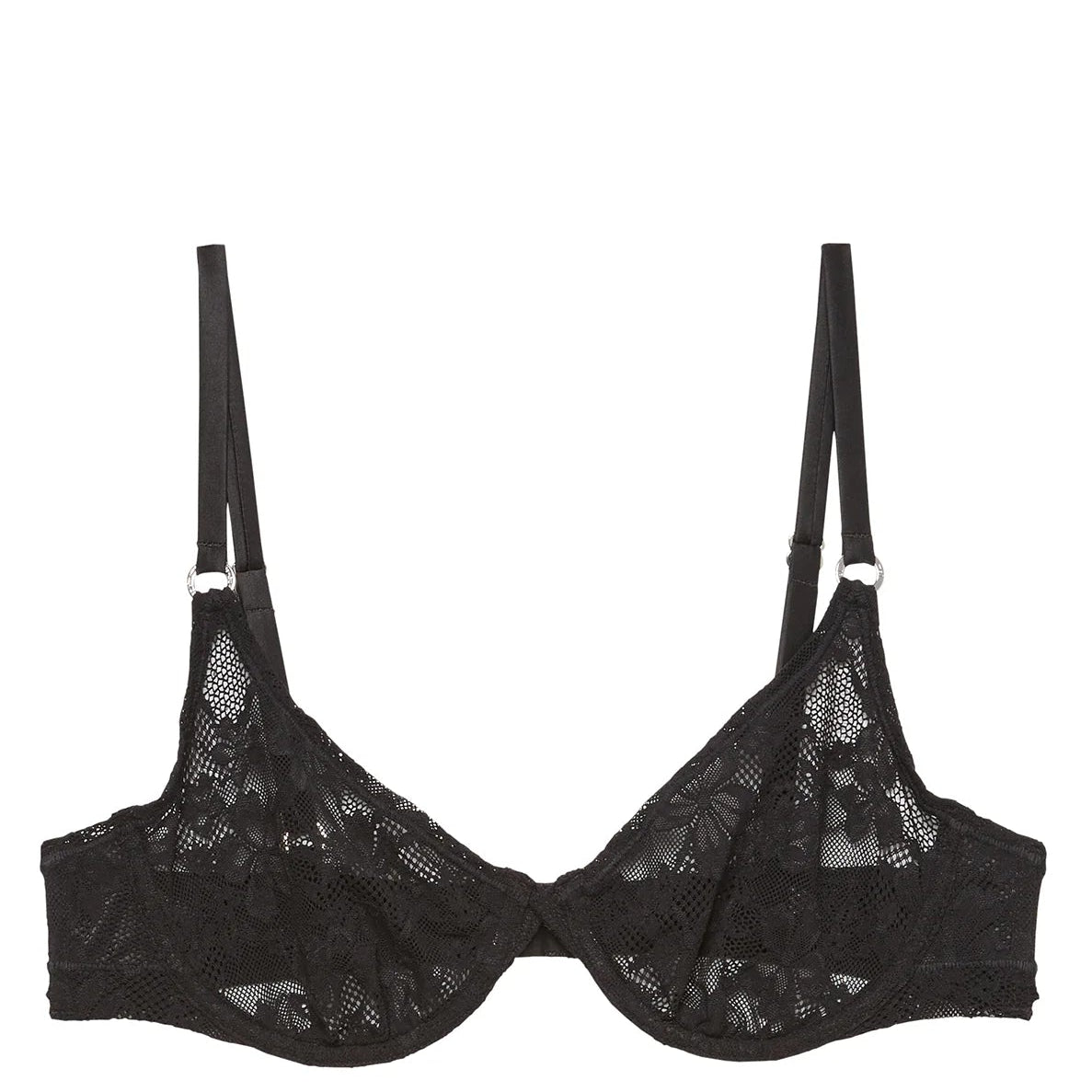black lace bra with silver hardware against a white background 
