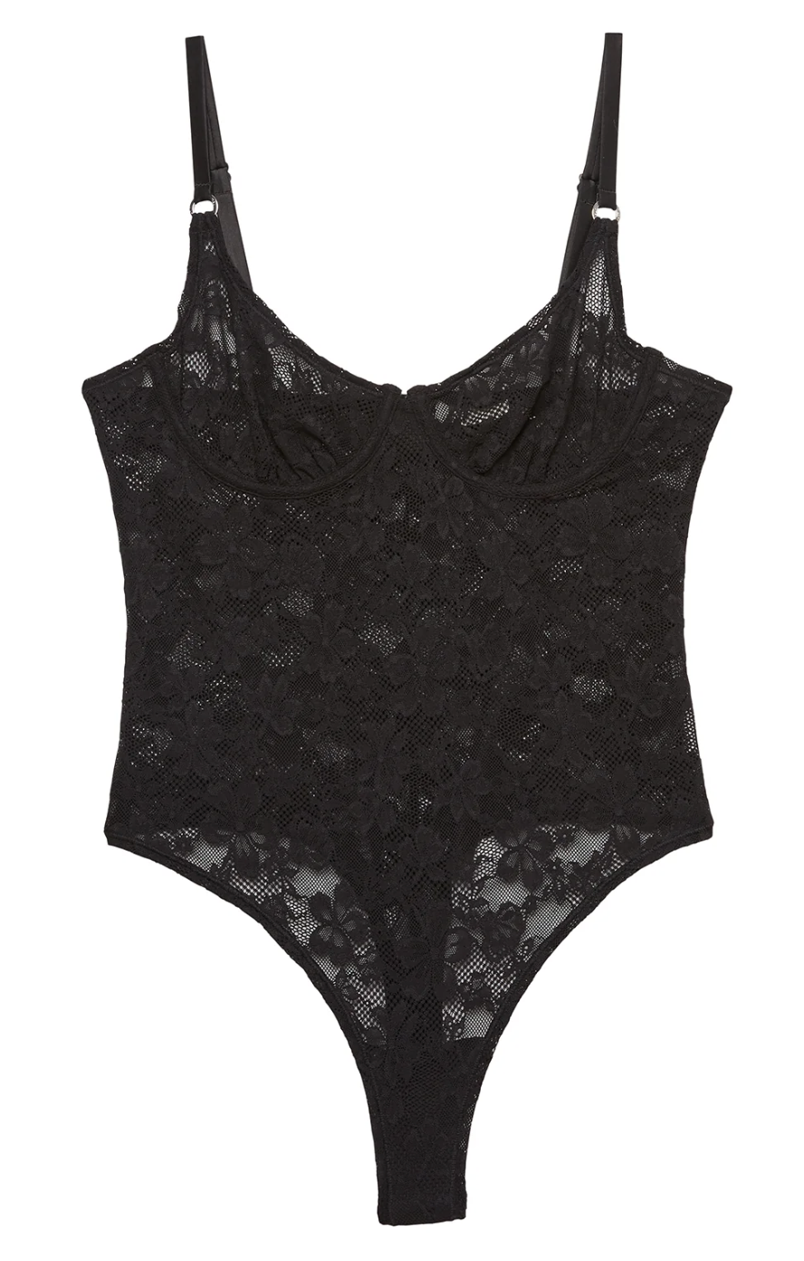 Black lace bodysuit on a white background