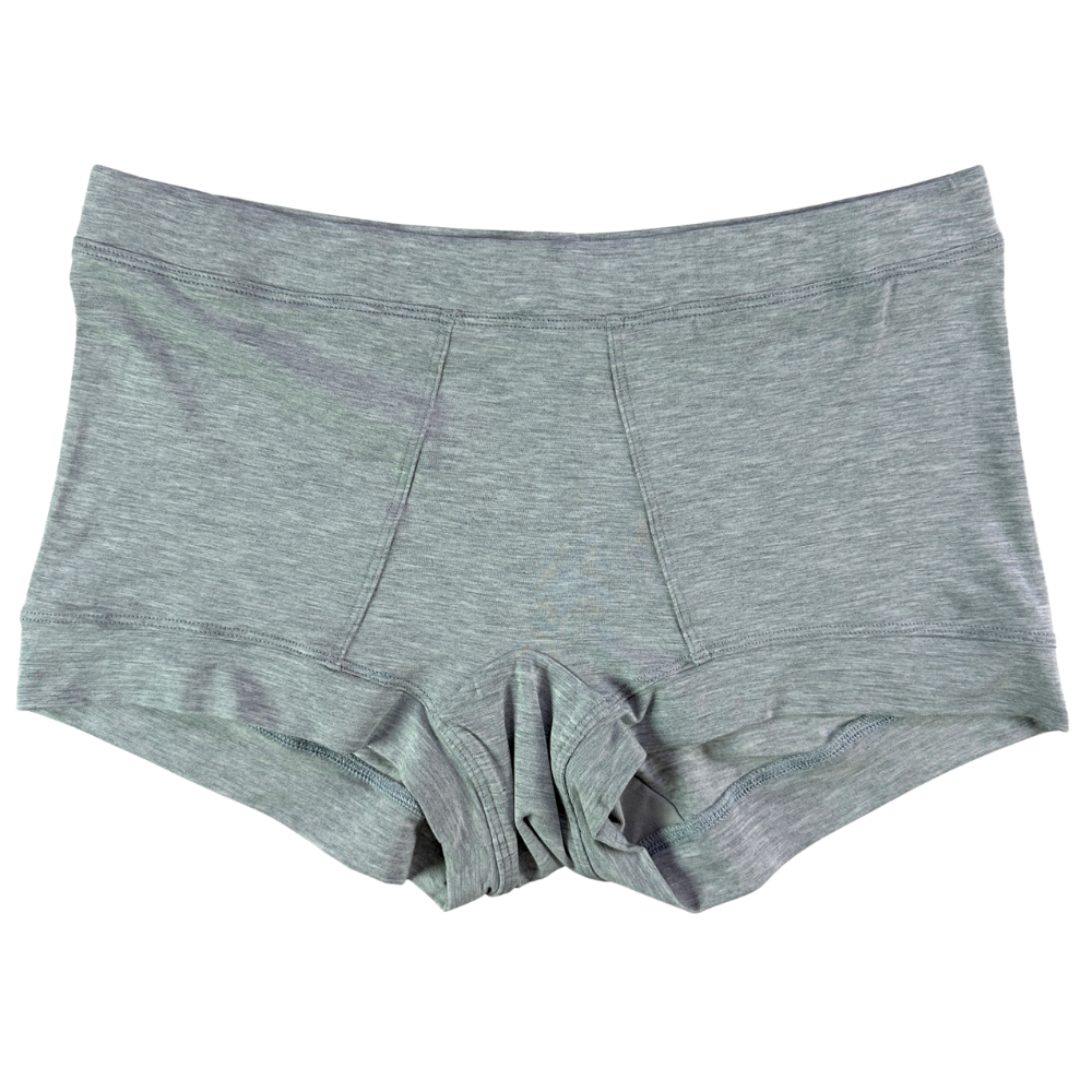 A pair of heather gray briefs with a high waistband and front seam details, laid flat on a white background.
