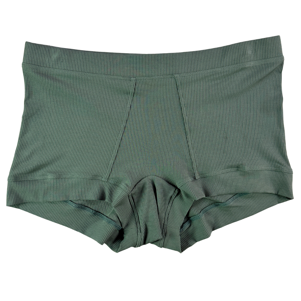 A pair of men's high-waisted briefs in a muted sage green ribbed fabric, shown flat against a plain white background.