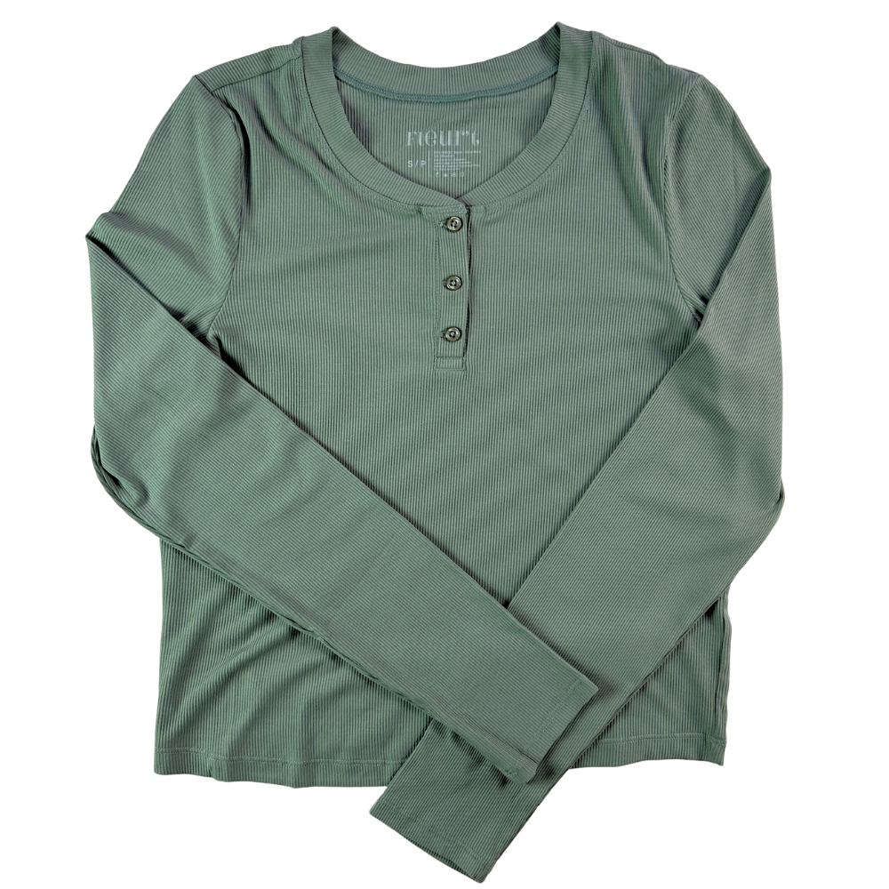 A sage green long-sleeve henley shirt with a ribbed texture, laid flat on a white background. The shirt features three dark buttons on the chest and the brand name 'FLOUFL' printed inside the collar.