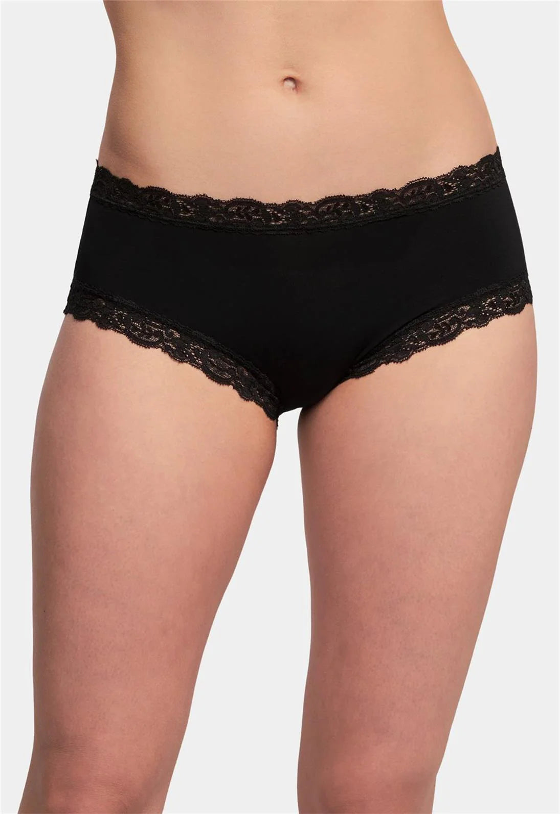 Black lace-trimmed underwear on a plain background