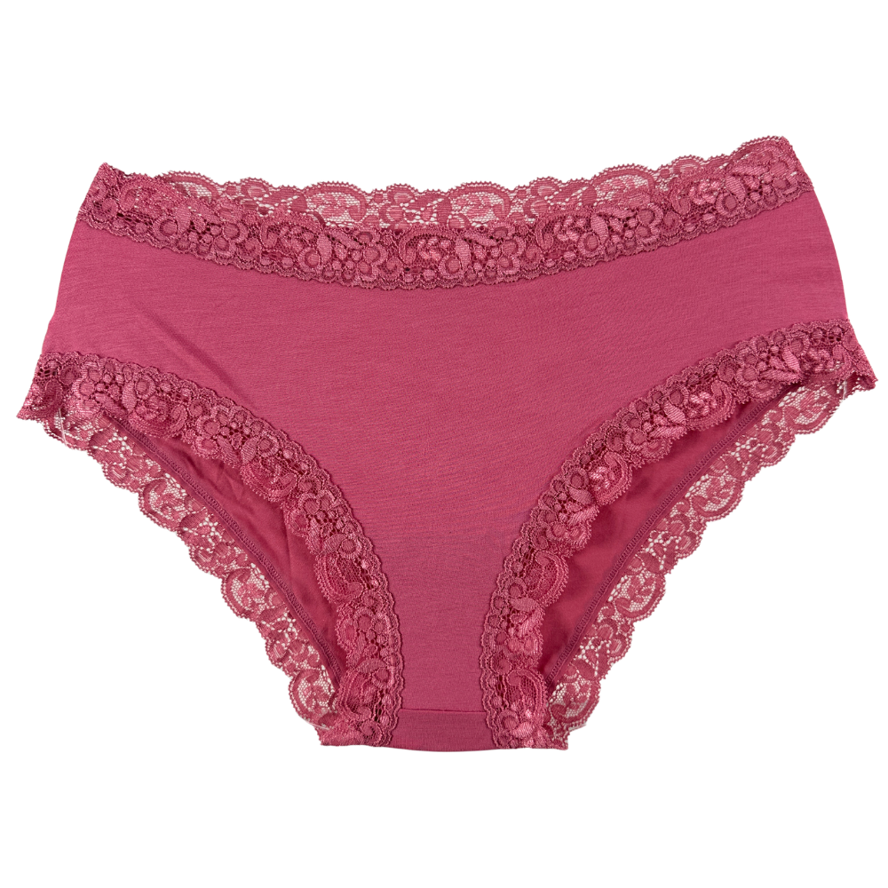 A pair of high-waisted magenta pink underwear with matching lace trim along the waistband and leg openings, shown against a plain white background.
