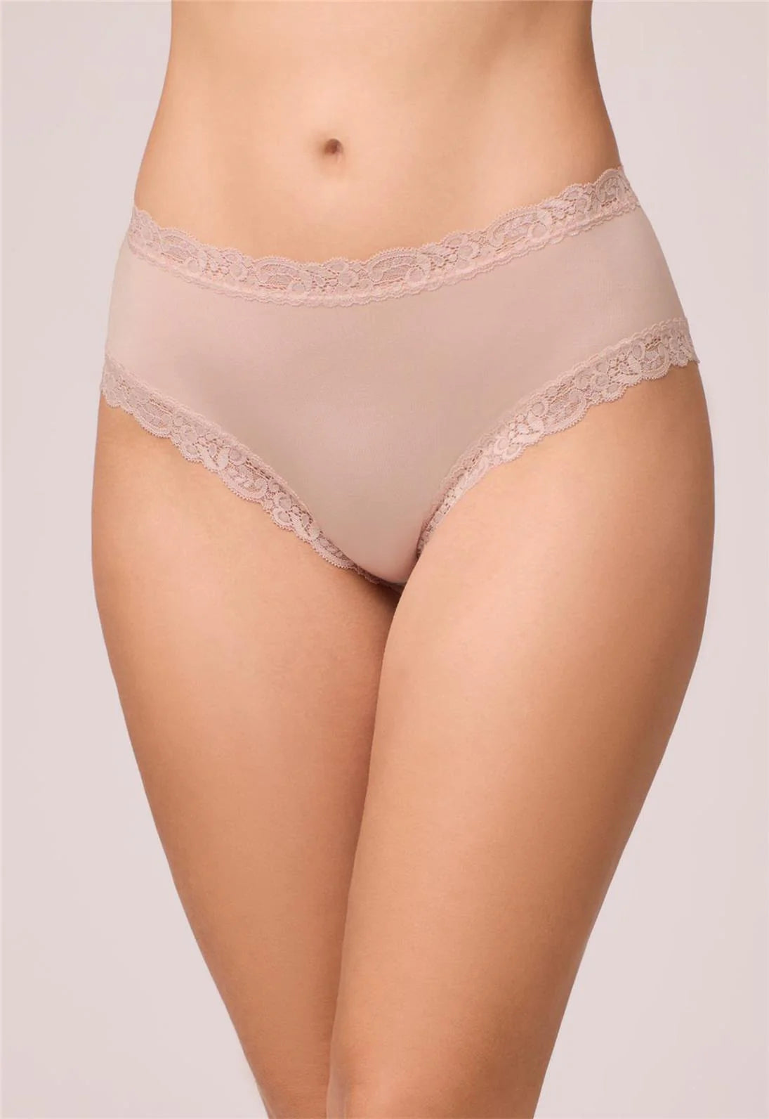Beige lace-trimmed underwear on a plain background