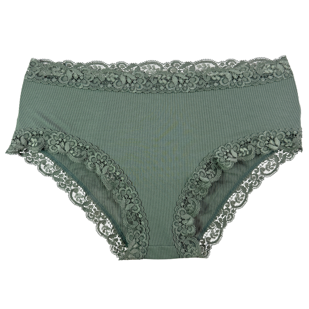 A pair of sage green ribbed briefs with intricate floral lace trim along the waistband, leg openings, and crotch, displayed flat against a solid white background.