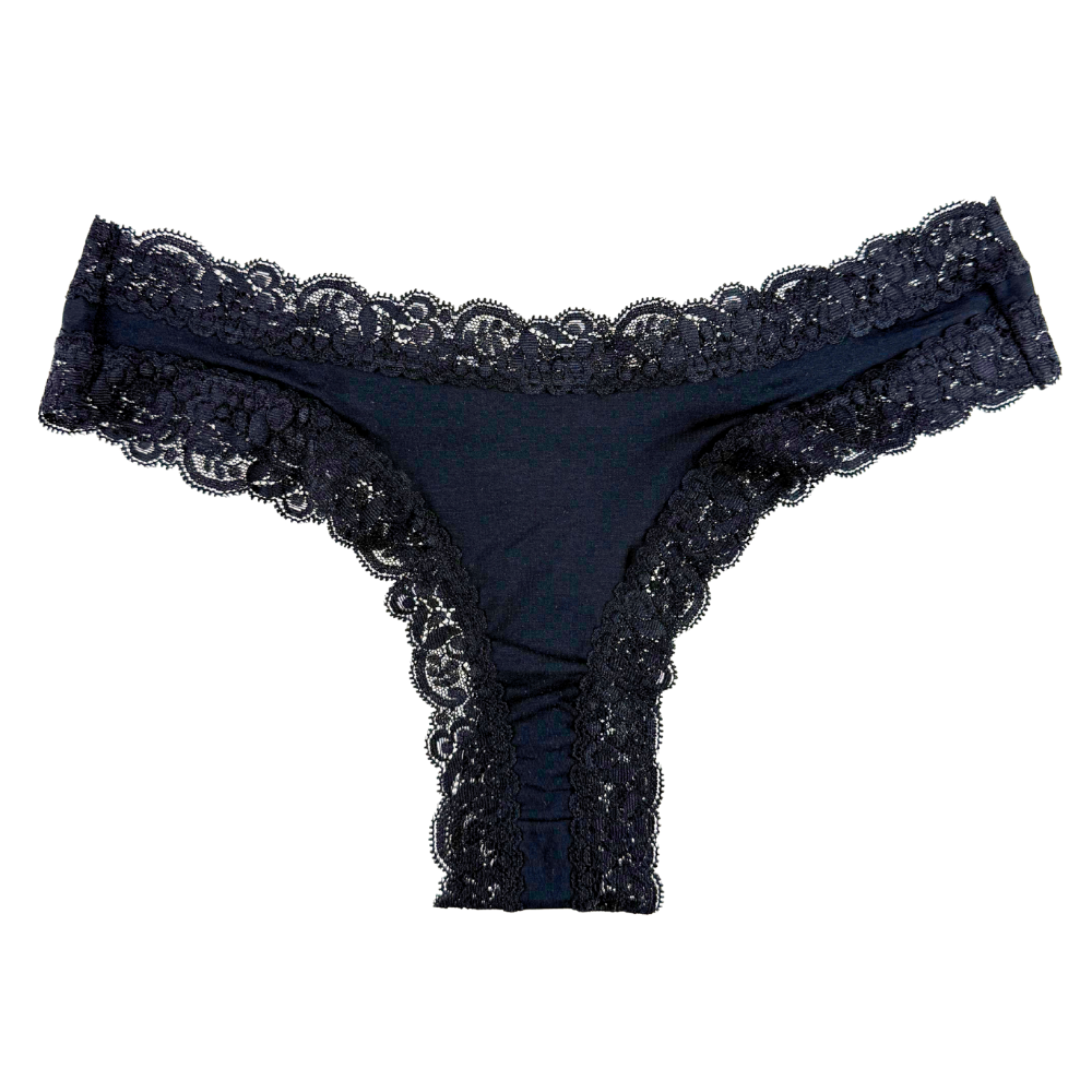 Navy blue lace thong on a white background