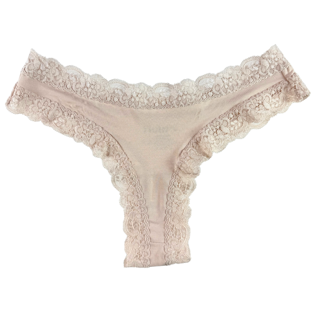 Beige lace thong on a white background
