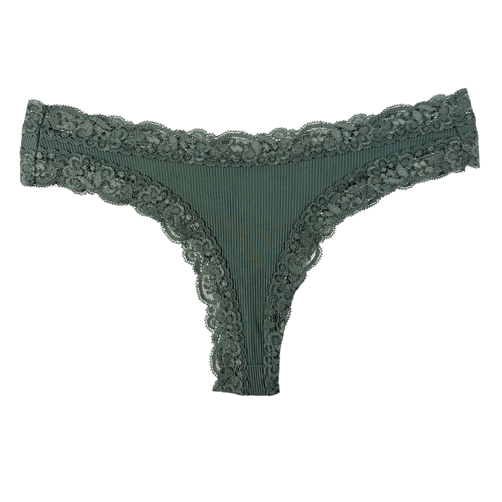 A pair of women's thong panties in a muted sage green color, featuring a ribbed center panel and matching lace trim along the leg openings and waistband, shown against a plain white background.