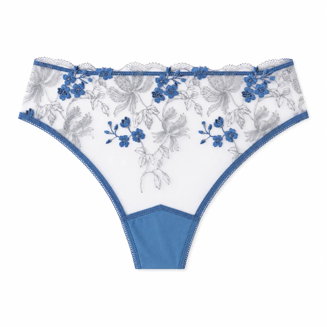 Close up of a blue embroidered mesh thong.