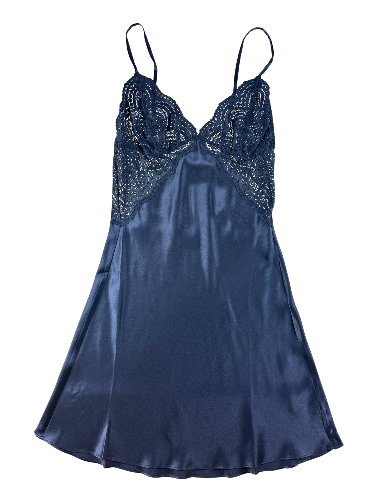 A navy blue satin slip dress with a lace bodice and thin spaghetti straps, shown flat against a white background.