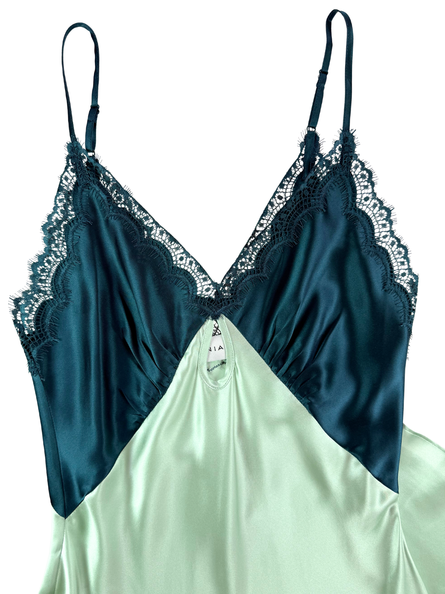 Two-tone satin nightgown with lace details on a white background