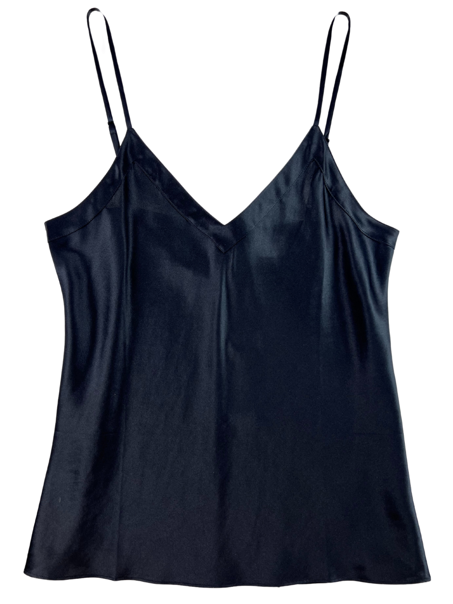 Black satin camisole on a white background