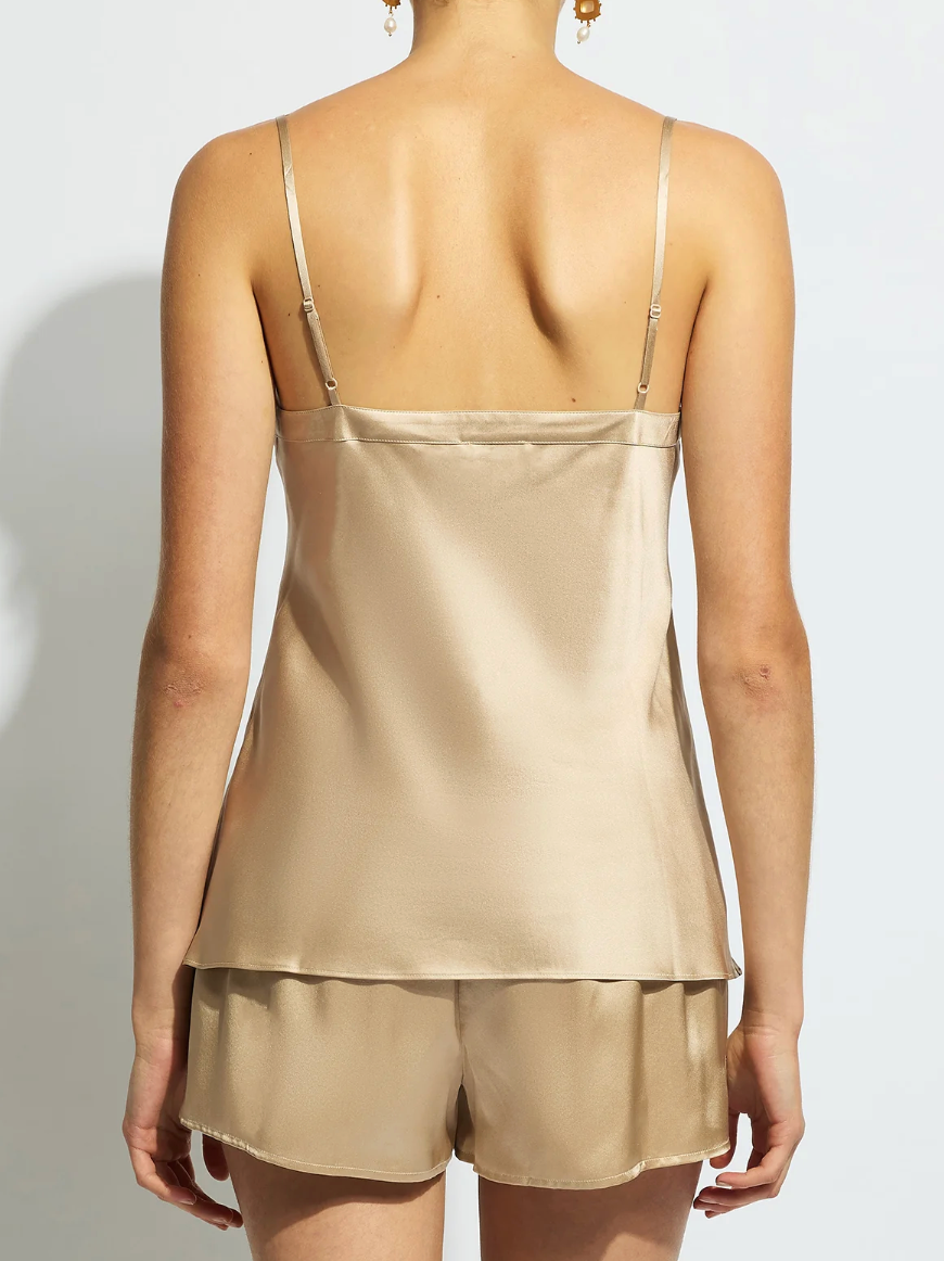 back of gold camisole on model