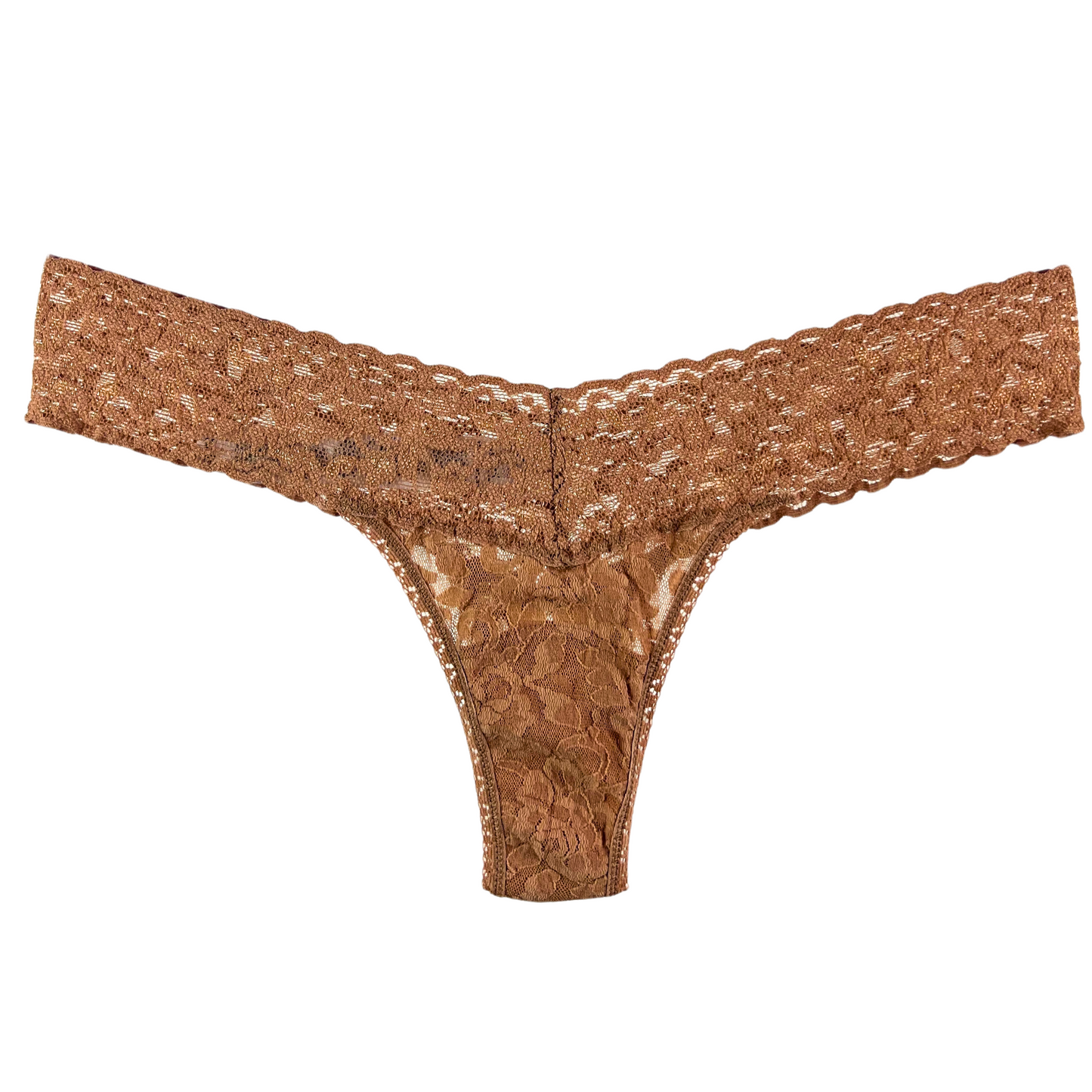 A purple Hanky Panky Signature Lace Low Rise Thong with a stretchy waistband and wide lace sides.