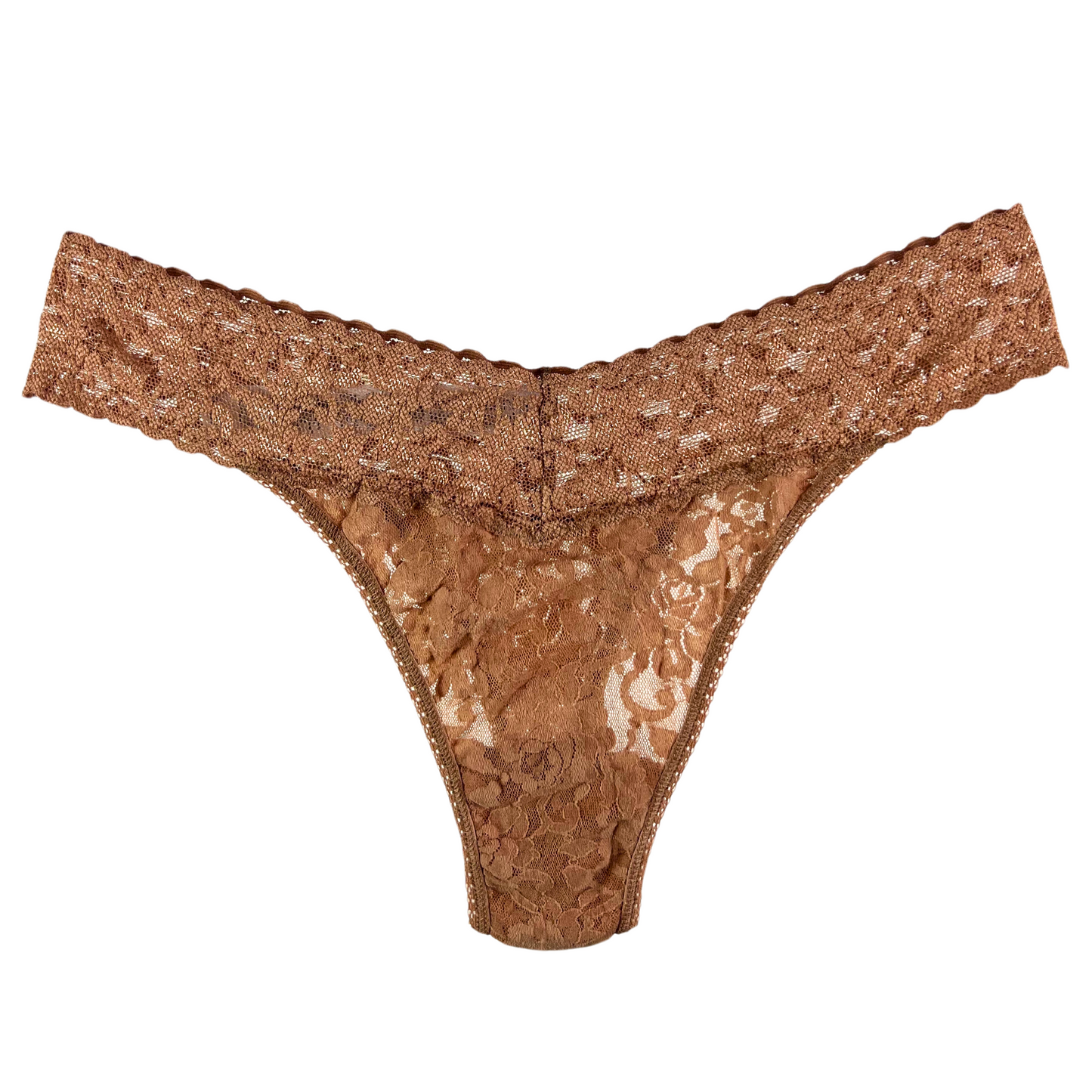 A pink Hanky Panky Signature Lace Original Rise Thong with a lace waistband and sides.