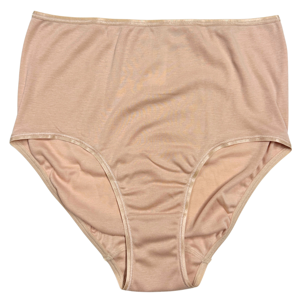 A pair of high-waisted, mid-rise briefs in a solid light beige/tan color, laid flat against a white background.