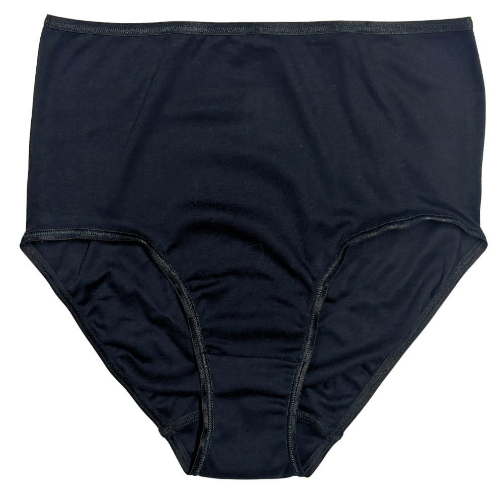 A pair of high-waisted, boy-short style briefs in solid black, laid flat against a white background.