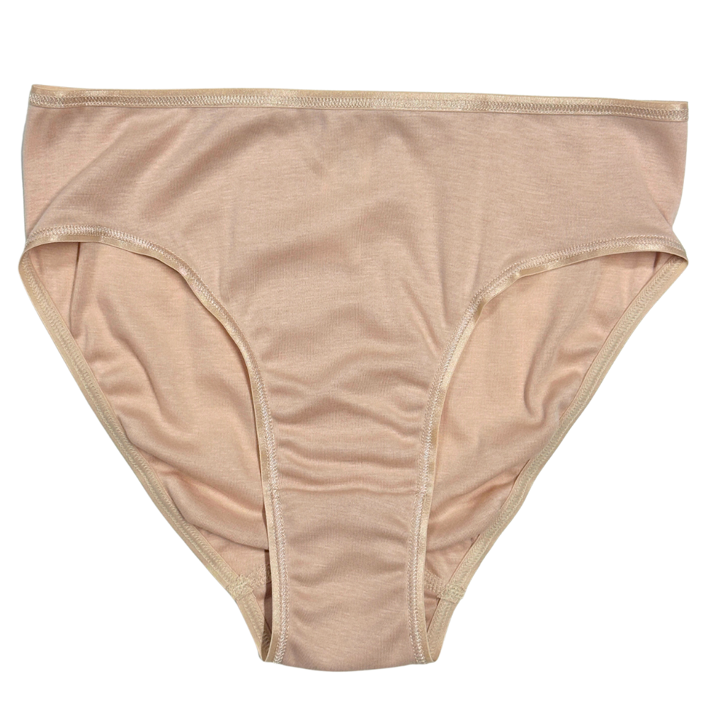 A single pair of high-waisted, low-rise briefs in a solid nude beige color, laid flat against a clean white background.