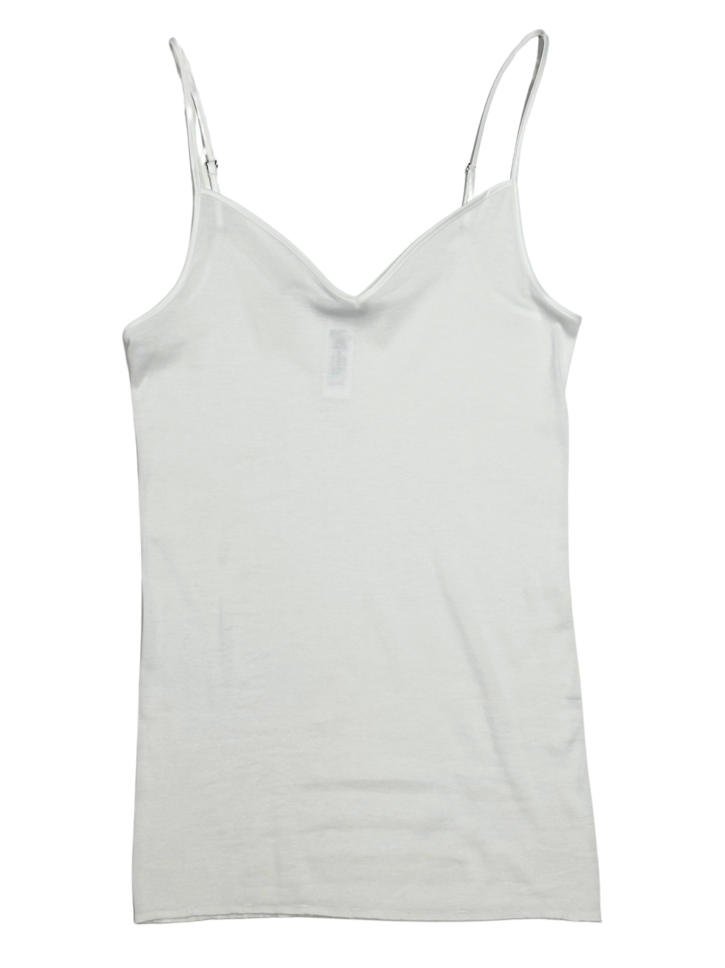 A light gray or off-white cotton camisole tank top with thin spaghetti straps, laid flat against a white background.