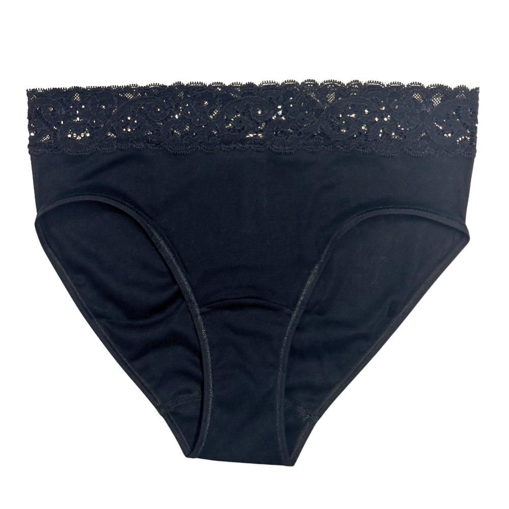 Black lace-trimmed high-waisted briefs shown flat against a white background.