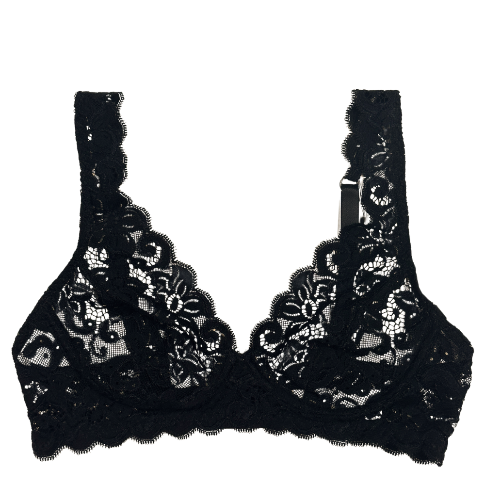 Black lace underwire bra with floral lace detailing and scalloped edges, shown flat on a white background.