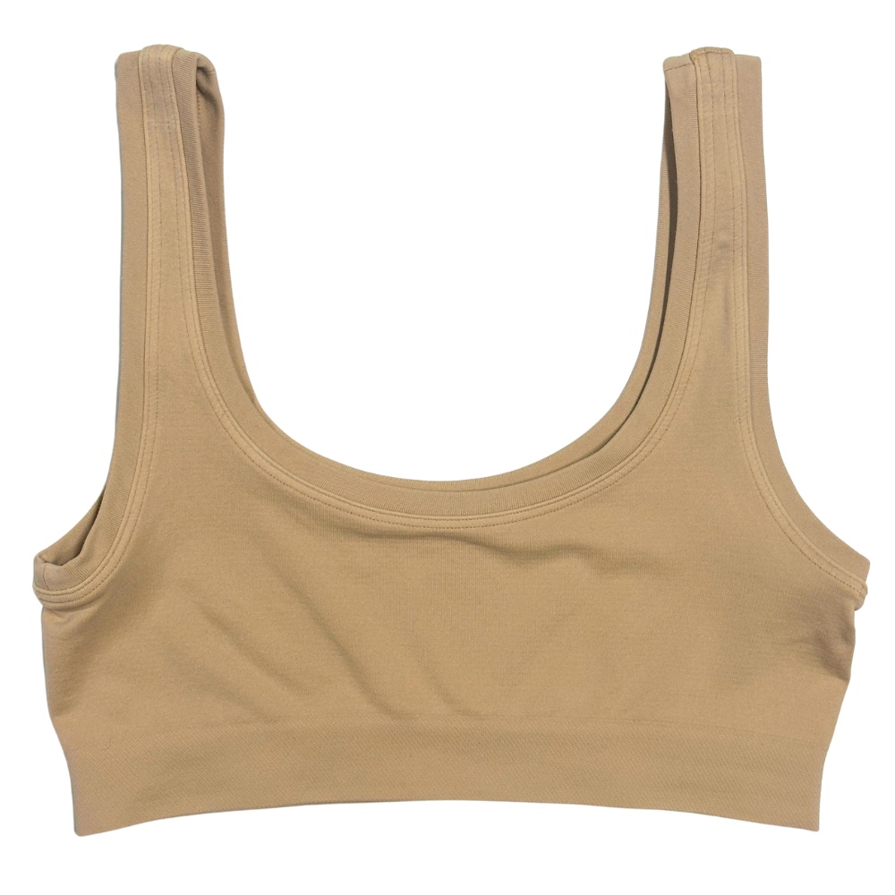 A solid tan scoop-neck tank top with wide shoulder straps, shown flat against a plain white background.
