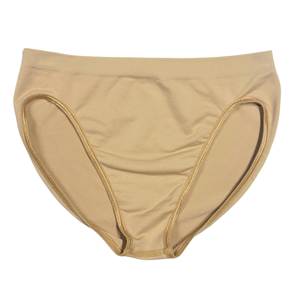 A pair of seamless high-waisted briefs in a solid tan/beige color, shown flat against a plain white background.